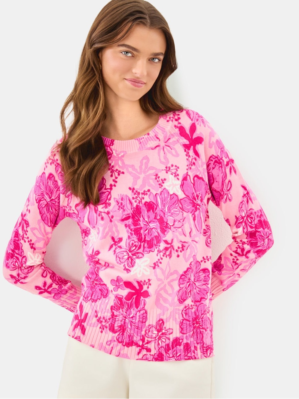 Lilly Pulitzer Breast Cancer Supporting Squad Pink Floral Salima Sweater, Sz XXS